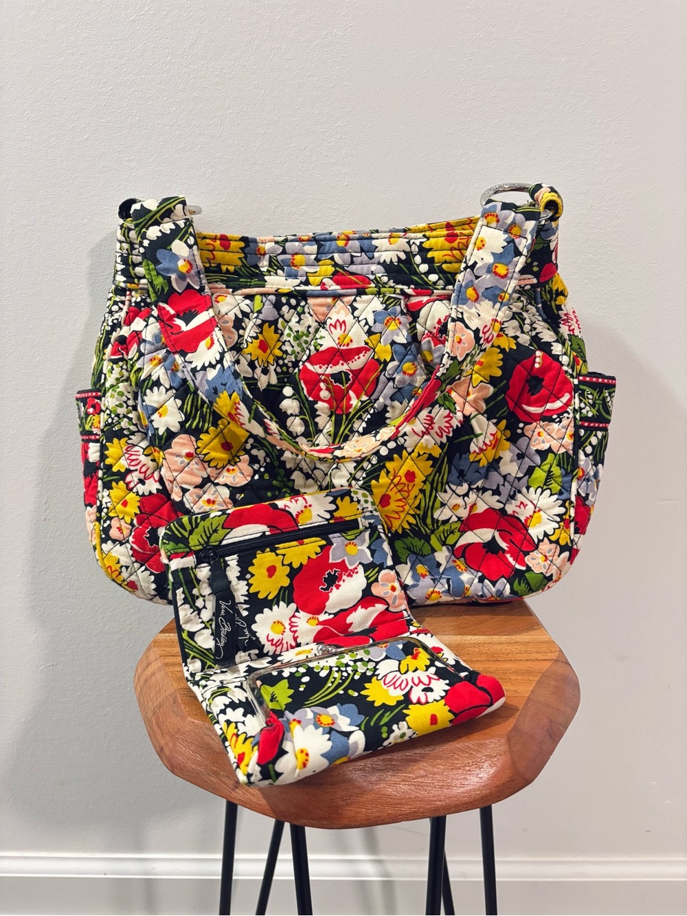Vera Bradley Quilted Floral Shoulder Bag in Black Multi with wallet